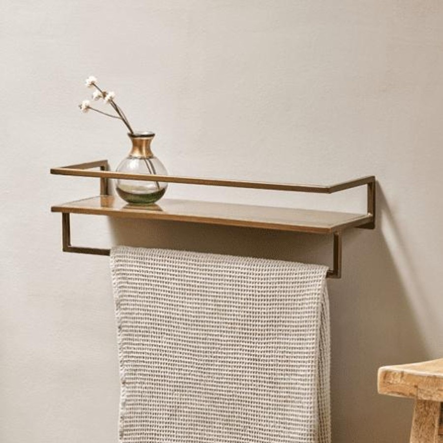 Furniture Nkuku Bookcases & Shelving Units | Nkuku Mahi Wall Shelf With Towel Rail Brass