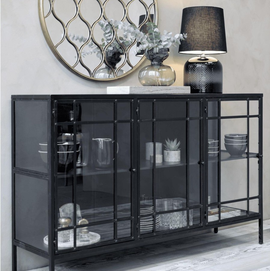 Furniture Chic Antique Sideboards & Cabinets | Silver Mushroom Ezra Black Iron And Glass Display Cabinet