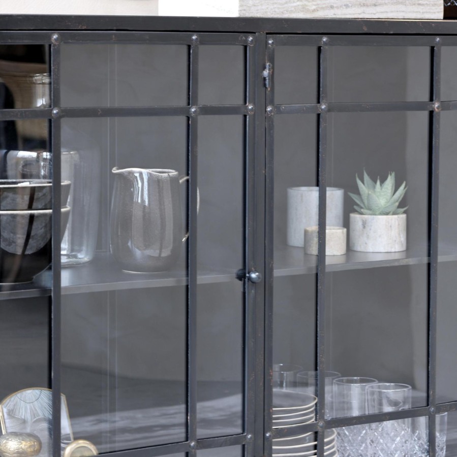 Furniture Chic Antique Sideboards & Cabinets | Silver Mushroom Ezra Black Iron And Glass Display Cabinet