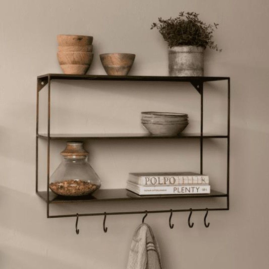 Furniture Nkuku Bookcases & Shelving Units | Nkuku Meghana Iron Shelf With Hooks - Wide Brass