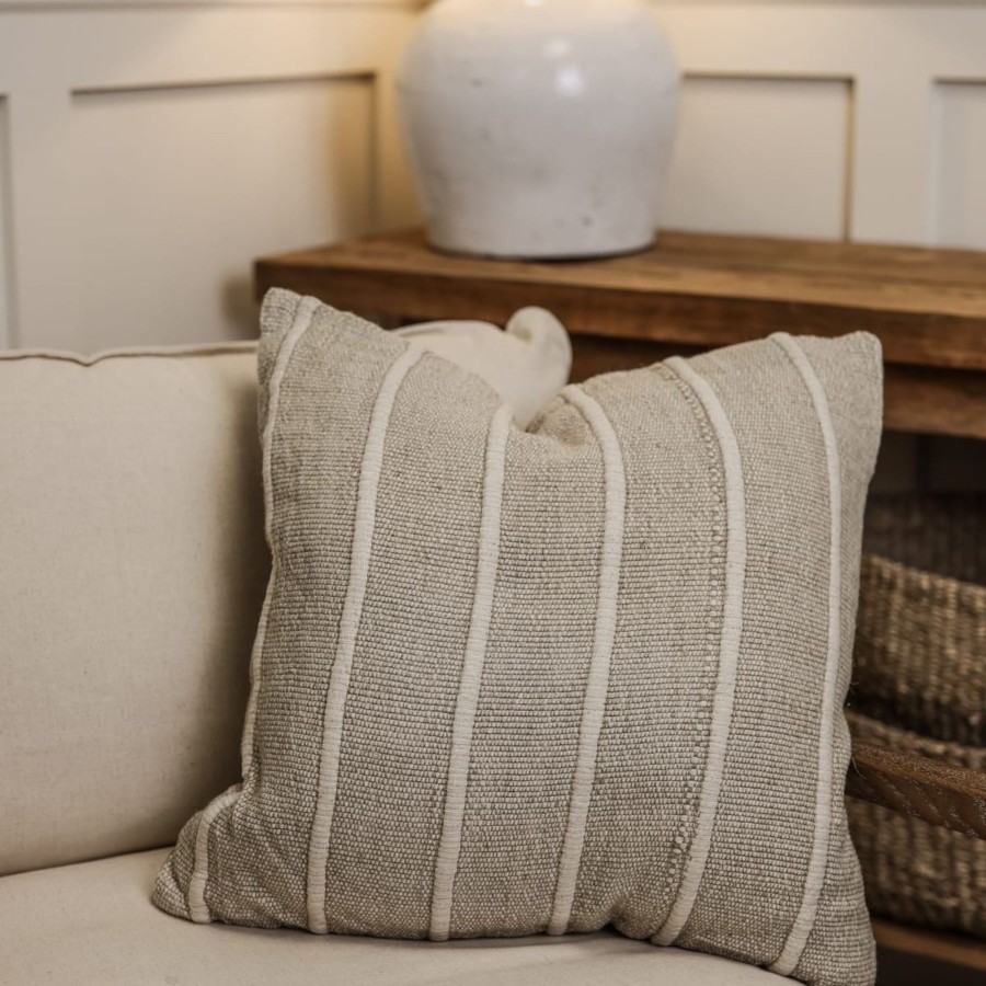 Home Accessories Silver Mushroom Christmas Cushions | Silver Mushroom Label Wren Cotton Stripe Cushion Natural