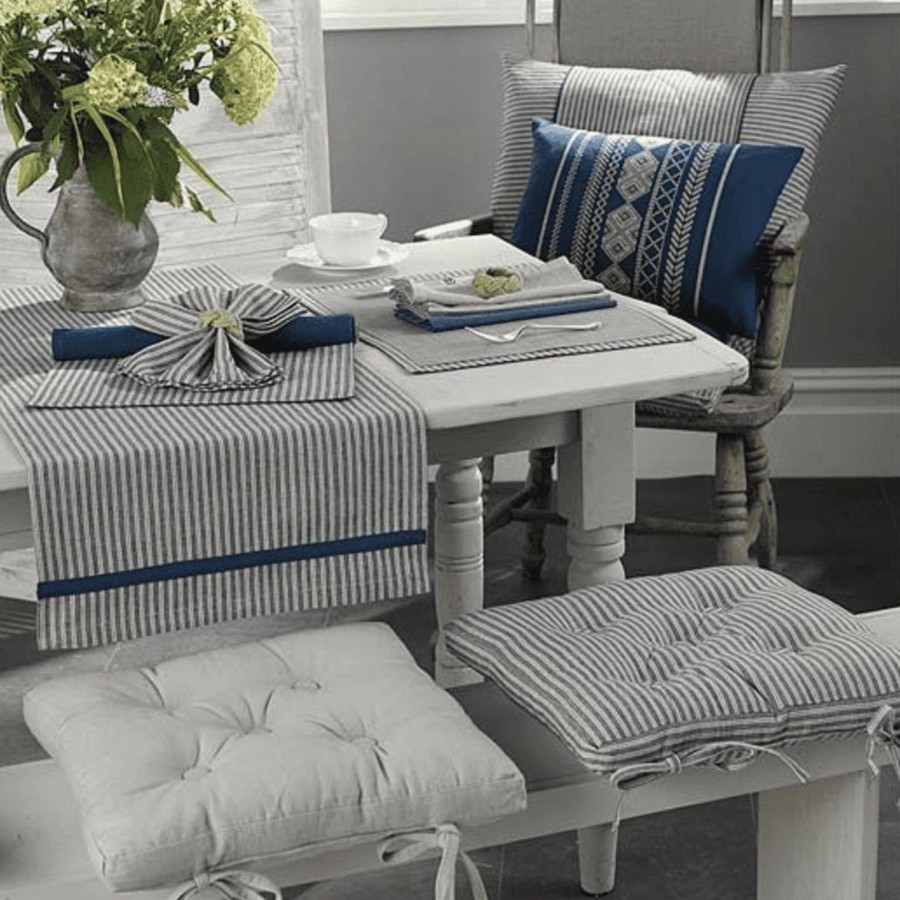 Home Accessories Walton & Co Cushions | Walton & Co Hampton Stripe Seat Pad Denim Blue & Dove Grey